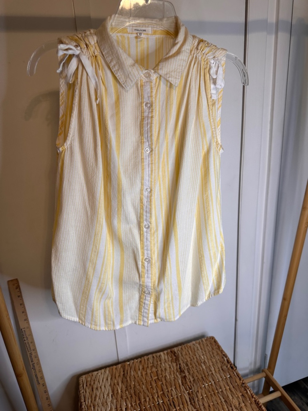 Maurices Yellow and White Striped Tie-Shoulder‎ Sleeveless Button-Up